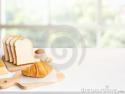 Set of breakfast food or bakery,cake on table kitchen with window background Stock Photo
