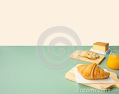 Set of breakfast food or bakery,cake on table pastel color background Stock Photo