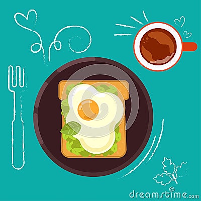 Set of breakfast food on bright background in flat design style Cartoon Illustration