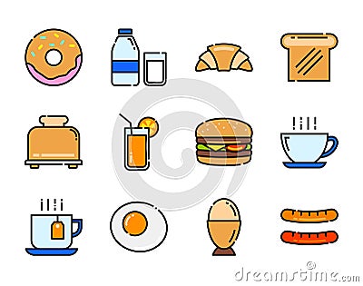 Set of breakfast icon color and thin line Vector Illustration