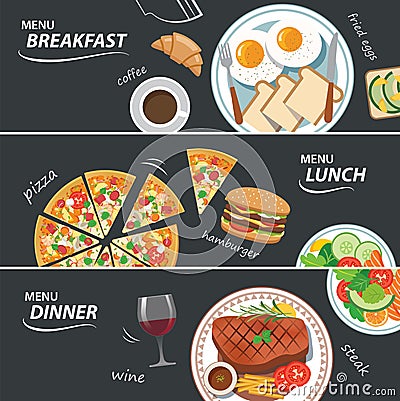 Set of breakfast lunch and dinner web banner Vector Illustration