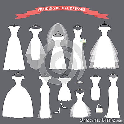 Set of bridal wedding dresses hang on ribbons Vector Illustration