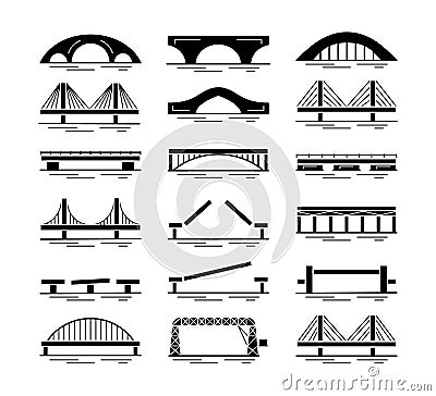 Set of bridge black silhouette icons isolated on white background. Different types of bridges. Various constructions of bridges. Vector Illustration