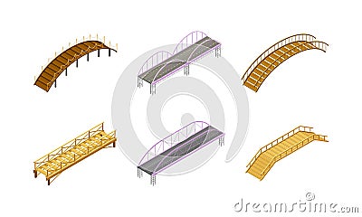 Set of bridges of different types. Wooden, metal, hanging pedestrian and road bridges isometric vector illustration Vector Illustration