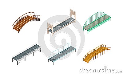 Set of bridges. Wooden, concrete, metal, hanging pedestrian and road bridges isometric vector illustration Vector Illustration