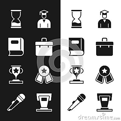 Set Briefcase, Book, Old hourglass, Graduate and graduation cap, Award cup, Medal with star, Stage stand and Microphone Vector Illustration