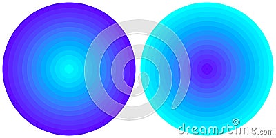 Set of 2 bright abstract blue and cyan radial gradient circles isolated on white background. Texture with circular lines. Vivid c Stock Photo