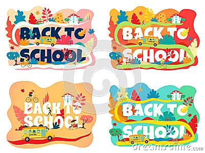 Set bright banners, posters Back to school With the school bus, a girl riding a bike. Autumn in pink and blue tones. Vector Illustration