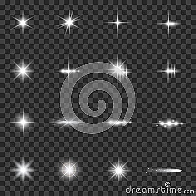 Set of bright beautiful stars. Optical lens glowing flashlight effect. Light effect, bright star, light flare Stock Photo