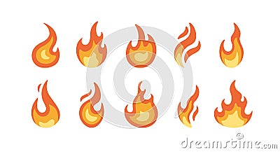 Set of bright burning flame and bonfire icons and logo design elements. Collection of simple fire warning signs of Vector Illustration