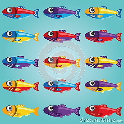 Set of Bright Cartoon Style Fishes Vector Illustration