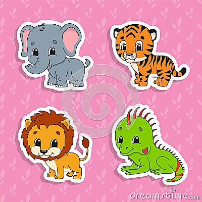 Set of bright color stickers. Orange lion. Green iguana. Orange tiger. Gray elephant. Cute cartoon characters. Vector illustration Vector Illustration