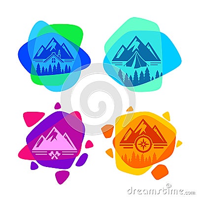 Set of bright colored logos for camping and outdoor recreation. Vector Illustration