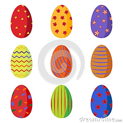 A set of bright colorful Easter eggs decorated with flowers, circles, stripes, waves. Cartoon Illustration