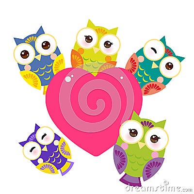 Set bright colorful owls Card design with a funny animal with pink heart on a white background. Vector Vector Illustration