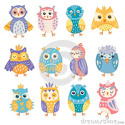 Set of bright colourful cute owls ceremony Vector Illustration