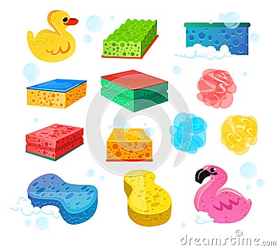 Set of bright colourful sponges for bath wash Vector Illustration