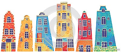 Set of bright cute Amsterdam Europe houses. Cartoon Illustration