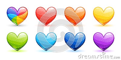 Set of Bright Cute Cartoon Hearts of Different Colors Vector Illustration