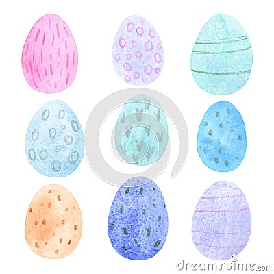 Set of bright and cute watercolor easter eggs Stock Photo