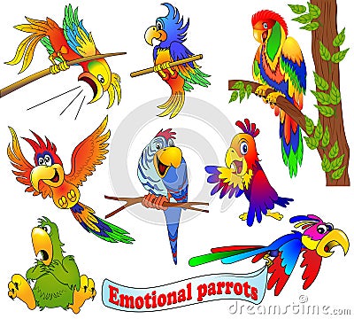 set of bright emotional cartoon parrots Vector Illustration