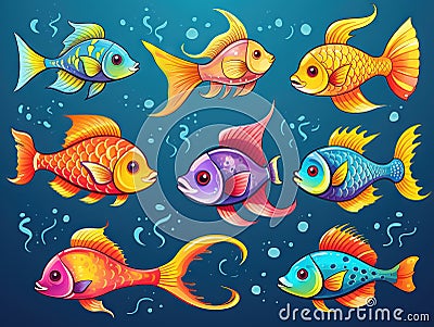 Set of bright fish Made With Generative AI illustration Cartoon Illustration