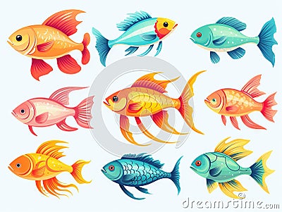 Set of bright fish Made With Generative AI illustration Cartoon Illustration