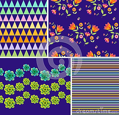 Set of bright floral and geometric patterns. Ornaments with beautiful flowers Vector Illustration