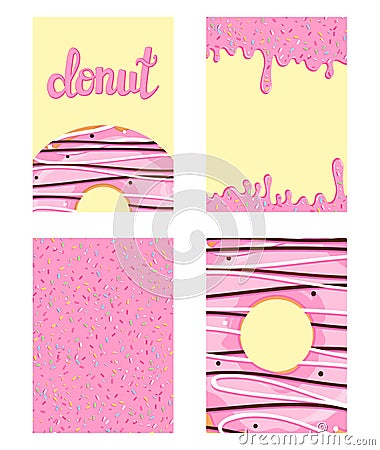 Set of bright food cards. Set of donuts with pink glaze. Donut pattern, background, card, poster. Vector illustration template for Cartoon Illustration