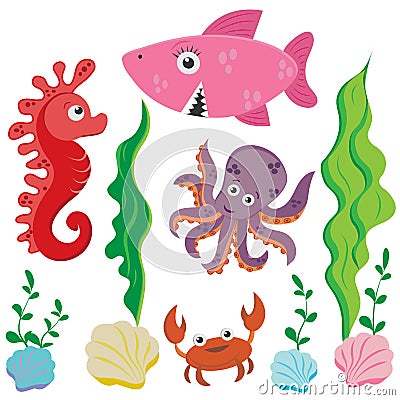 Set of marine life images in cartoon style: octopus, marine skate, shark, crab, isolated on white background Vector Illustration