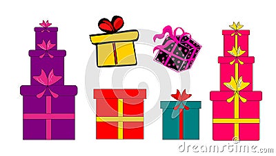 Set of bright gift boxes with bows and ribbons. Gifts for Christmas, New Year and other holidays. Vector Illustration