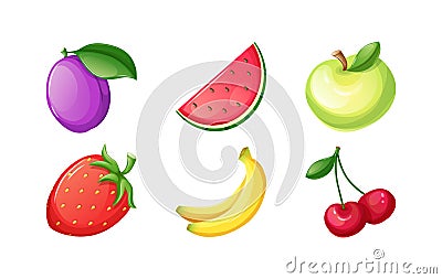 Set of bright glossy fruit and berries icons Vector Illustration