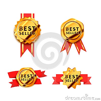 Set of bright golden badges with red tape, glossy best seller icons on white Vector Illustration