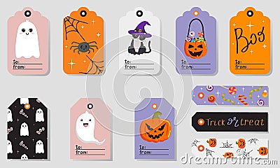 Set of bright Halloween tags with cute characters. Printable greeting cards illustration. Bright design for Halloween in Vector Illustration
