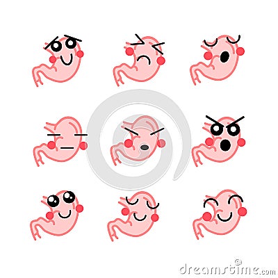 Set of bright human stomach with cute faces, medical icons on white Vector Illustration