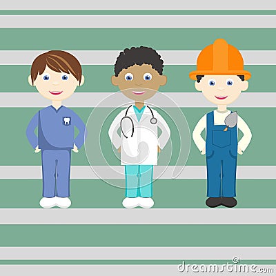 Set of bright isolated professions. Dentist, doctor, builder Vector Illustration