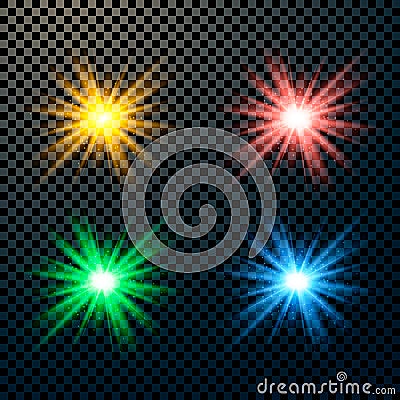 Set of bright luminous multi-colored light effects isolated on a dark background with highlights and stars. Vector Illustration