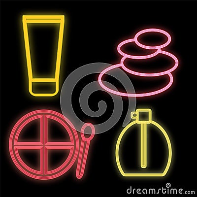 Set bright neon on black background with stones for spa massage, cream packaging, palette with eyeshadows and soft brush, perfume Stock Photo