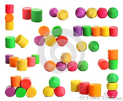 Set with bright play dough on background Stock Photo