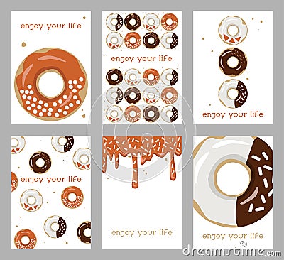 Set of bright postcards with donuts. Donuts with colored glaze and confetti. Vector Illustration