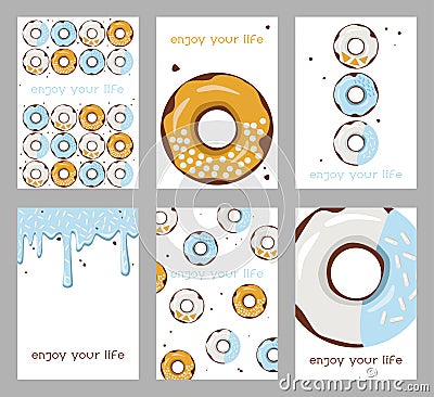 Set of bright postcards with donuts. Donuts with colored glaze and confetti. Vector Illustration