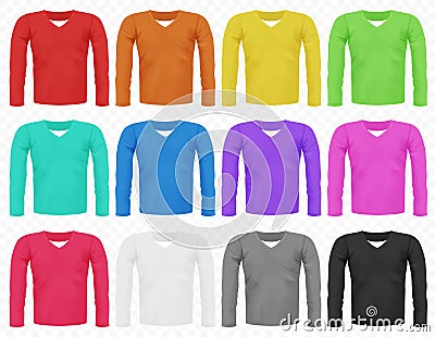 Set of bright realistic different colored male long sleeved t-shirts. Vector Illustration