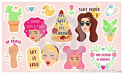 Set of bright stickers on feminist theme Vector Illustration