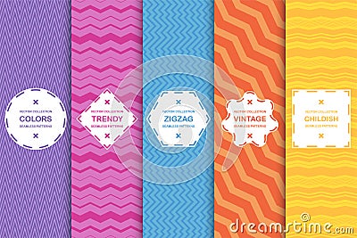 Set of bright striped seamless patterns. Vector zigzag texture. Colorful stylish backgrounds Vector Illustration