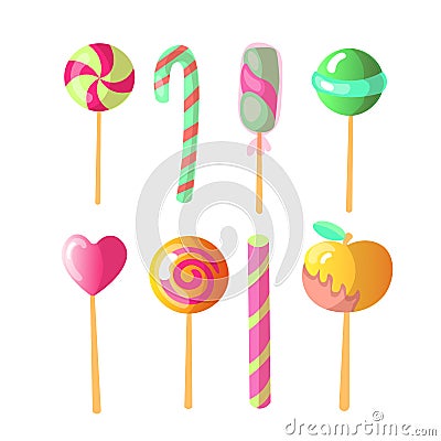 Set of bright vector candies. Set of colorful lollipops, cartoon illustration. Round and heart lollipop, caramelized Vector Illustration