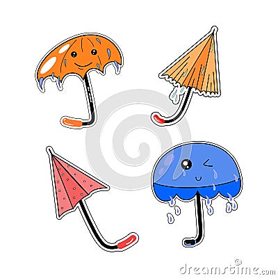 Set of bright vector cartoon stickers, cute kawaii open, closed umbrellas. Rainy weather. Vector Illustration