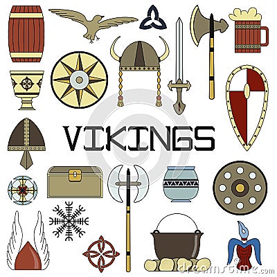 Set of bright vector illustrations for the design of Vikings Vector Illustration