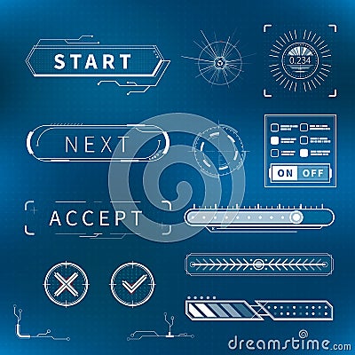 Set of bright white futuristic buttons and charts, modern interface elements on blue Vector Illustration