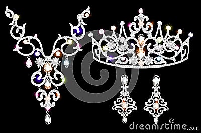 set of brilliant jewelery diadem, necklace and earrings with precious stones Vector Illustration