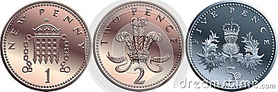 Set British money coin 1, 2, 5 pence Vector Illustration